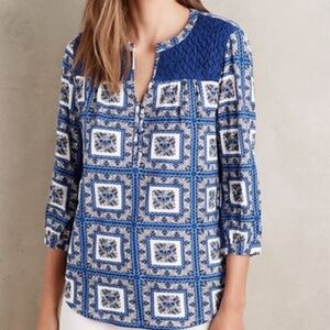 Anthropologie Porridge Belmar Blue White Popover‎ Blouse Size Small